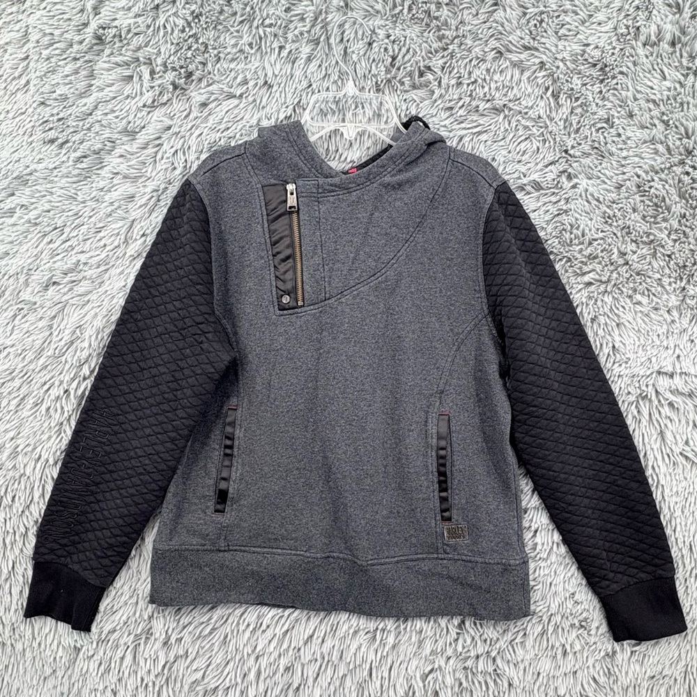 Harley Davidson Hoodie Womens Large Cowl Neck Pullover Gray Black Quilted Ribbed